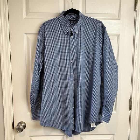 Lands End Blue Check Gingham Long Sleeve Button Up Shirt Size 17.5 -  36 TALL - Picture 1 of 10